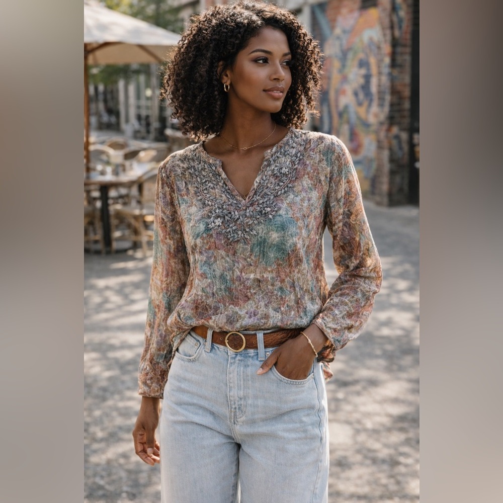 Vintage Goa Boho Floral Blouse S Crinkle Sheer Earth Tone Long Sleeve Top